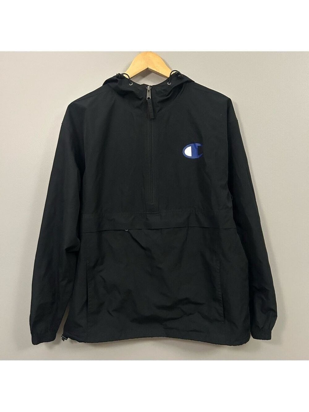Champion Black Hooded Jacket with Blue Logo Mens Medium Anorak